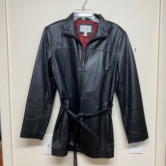 Worthington Women's Black Genuine Leather Blazer Jacket Petite Medium Belted - Picture 1 of 4